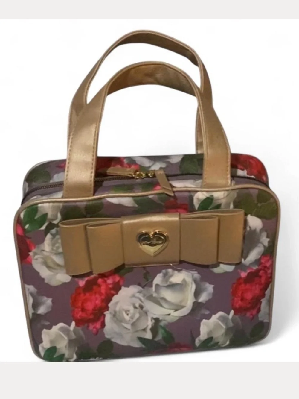 Gold and Red Cosmetic Bag with Floral Design